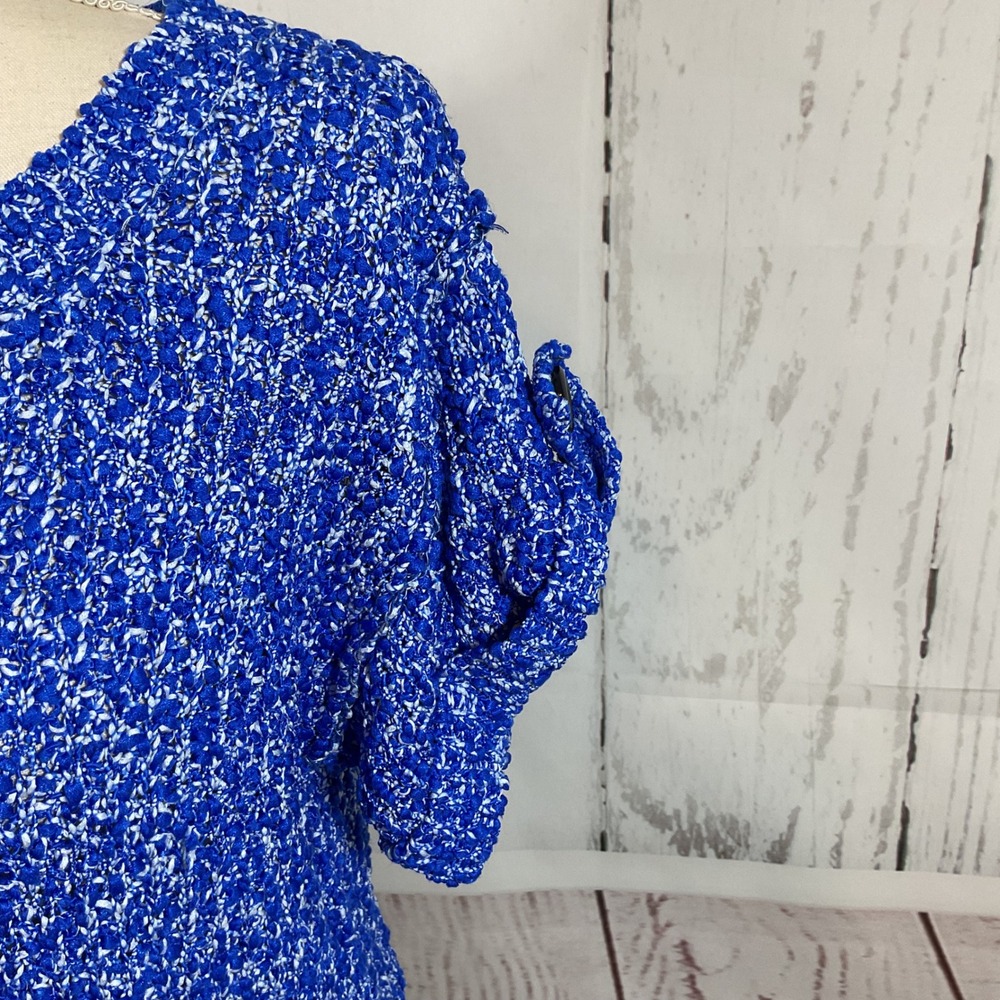 Milly New York Sweater Top S Blue Textured Popcorn Knit Button Tab Short Sleeve - Picture 6 of 15